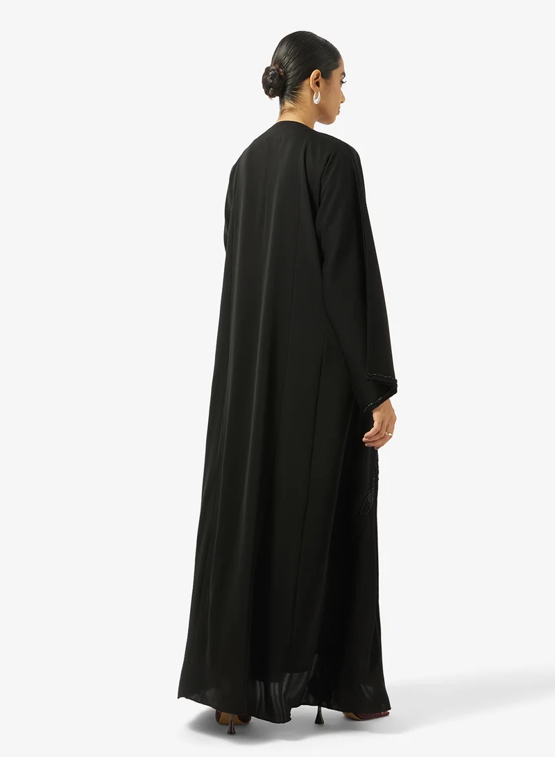 hayas closet Floral Embellished And Embroidered Open Front V Neck Abaya